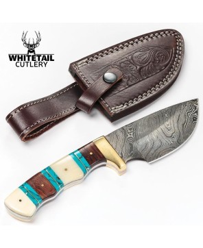 Damascus Hunting Knife - Bone & Turquoise