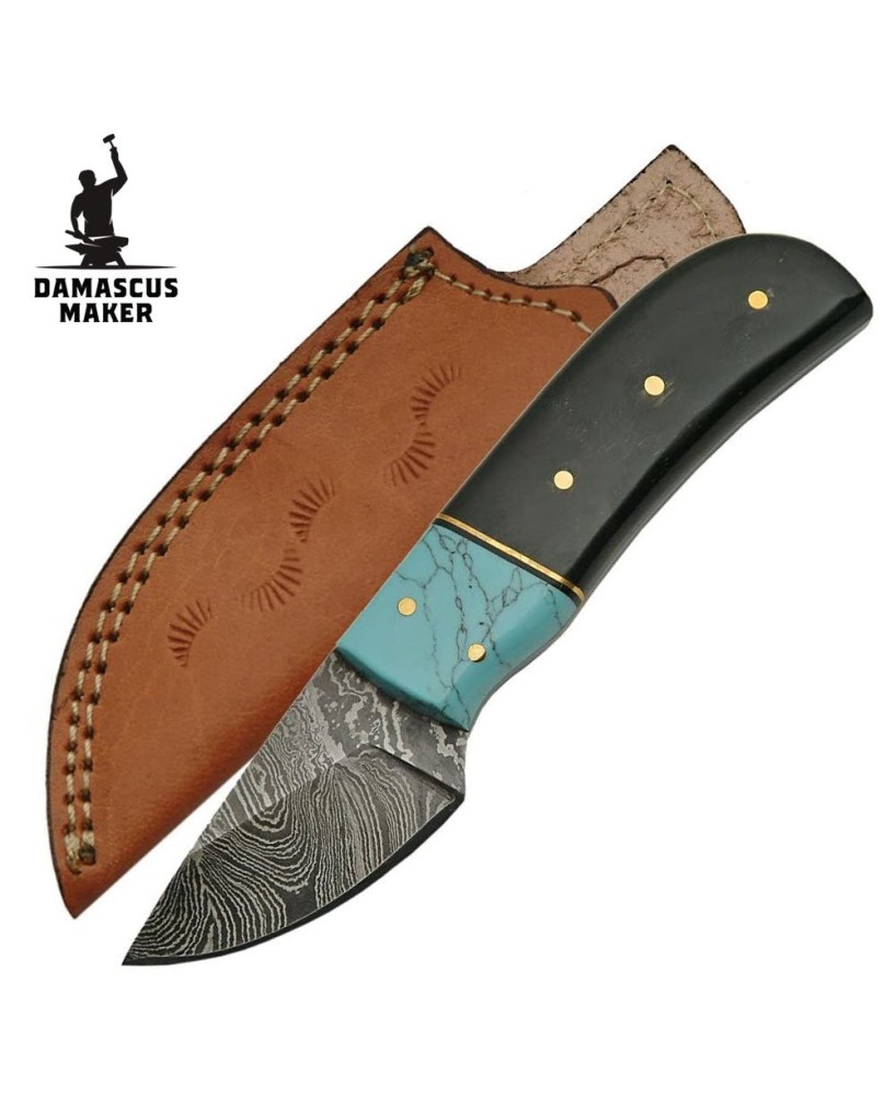 Damascus Steel Skinning Knife Horn Turquoise - Damascus Maker