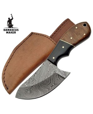 Damascus Skinner Knife with Brown Sheath - Damascus Maker