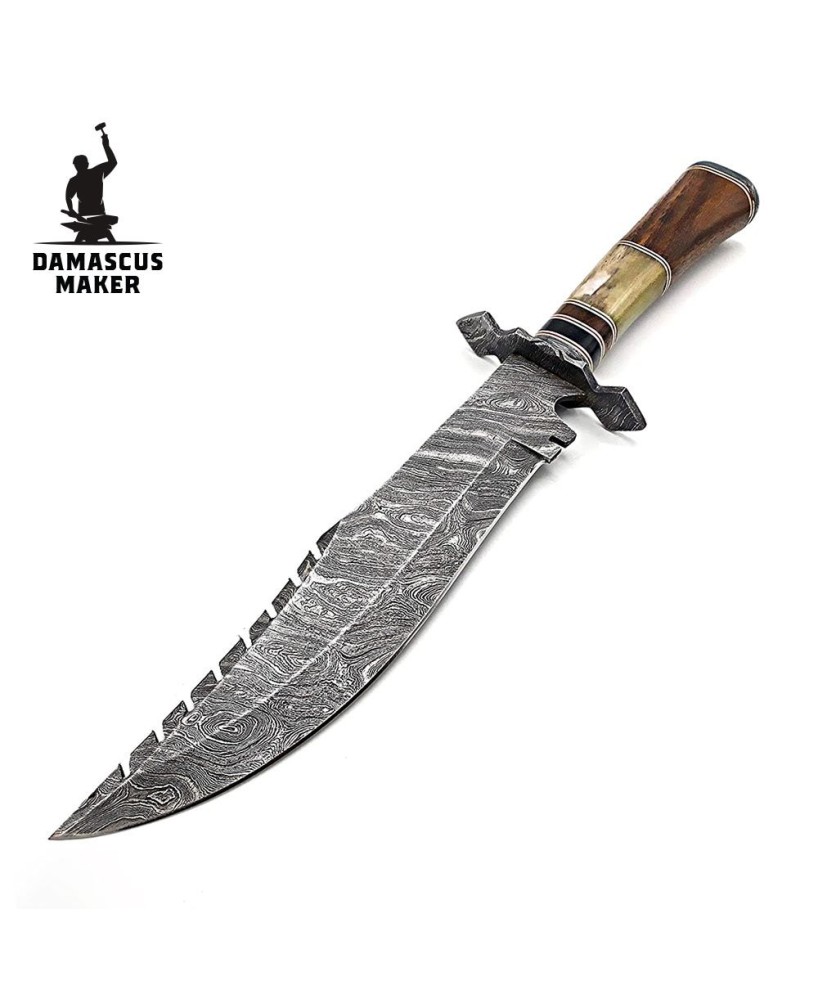 Damascus Bowie Knife, Rosewood Bone Bull Horn