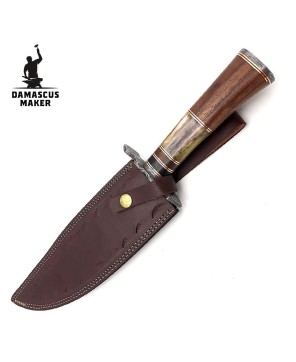 Damascus Bowie Knife, Rosewood Bone Bull Horn