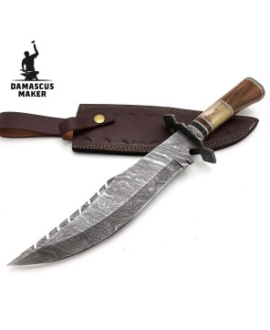 Damascus Bowie Knife, Rosewood Bone Bull Horn