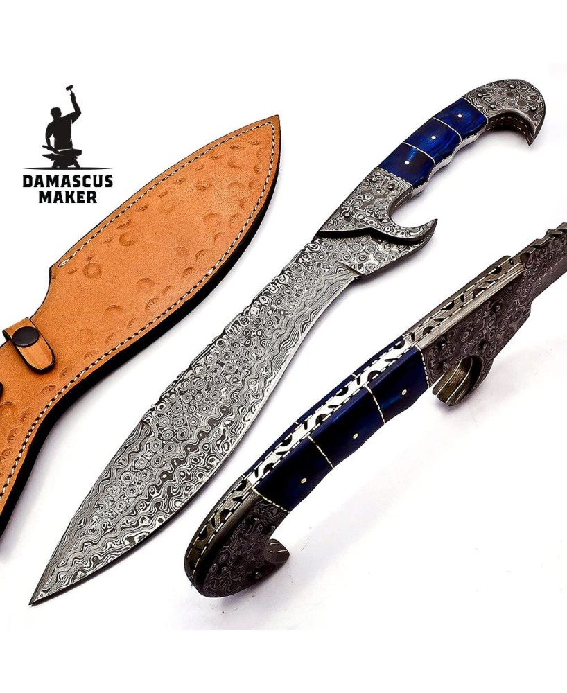 Damascus Steel Kukri Knife, Wood Handle