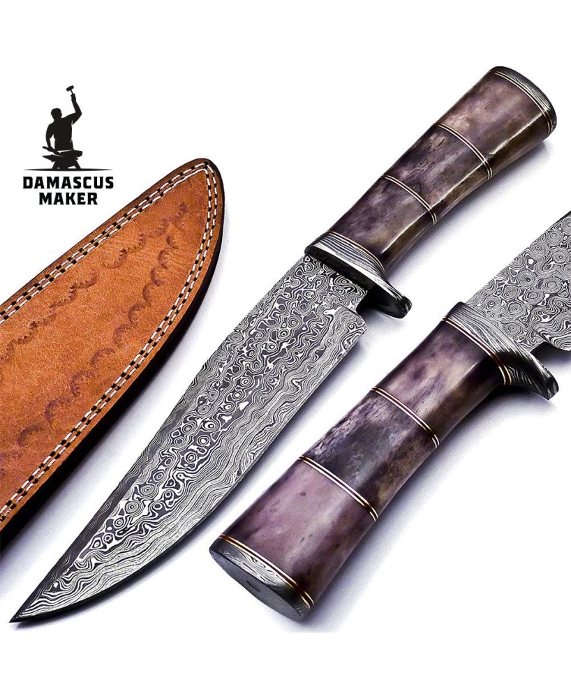 Handmade Damascus Steel Bowie Knife with Leather Sheath