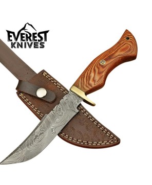 Damascus Hunting Knife Wood & Brass Handle