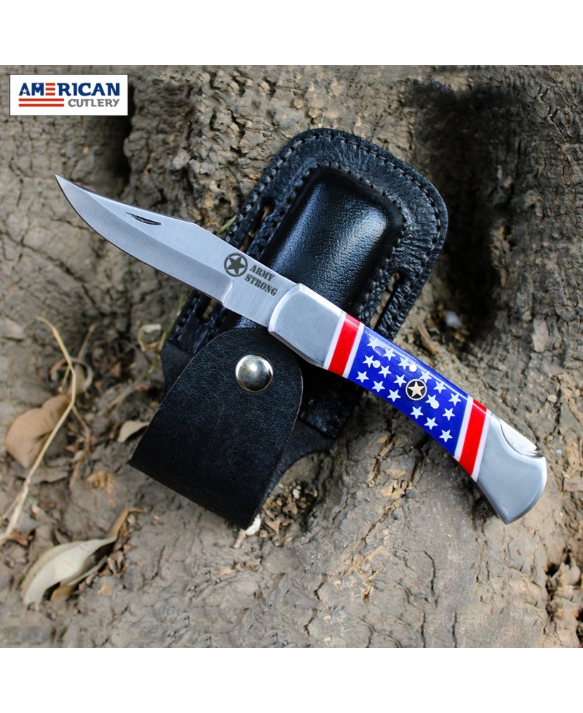 Handmade American Flag Pocket Knife "ARMY STRONG" Engraving on Blade