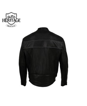 Men's Black Leather Motorcycle Jacket - Reflective Piping