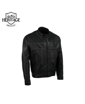 Men's Black Leather Motorcycle Jacket - Reflective Piping