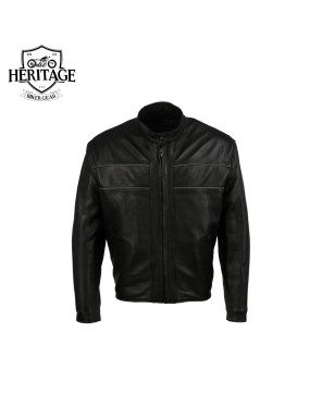 Men's Black Leather Motorcycle Jacket - Reflective Piping