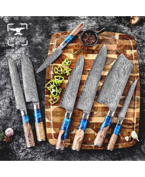 Handmade Damascus Chef's Knife Set with Wooden Handles