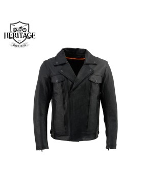 Men's Black Leather Motorcycle Jacket w/ Pockets
