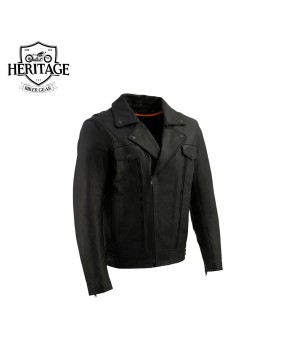 Men's Black Leather Motorcycle Jacket w/ Pockets