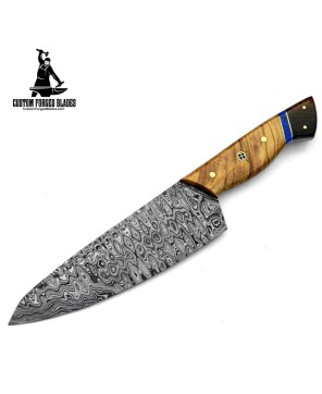 Damascus Steel Kitchen Knife Olive & Rose Wood Handle