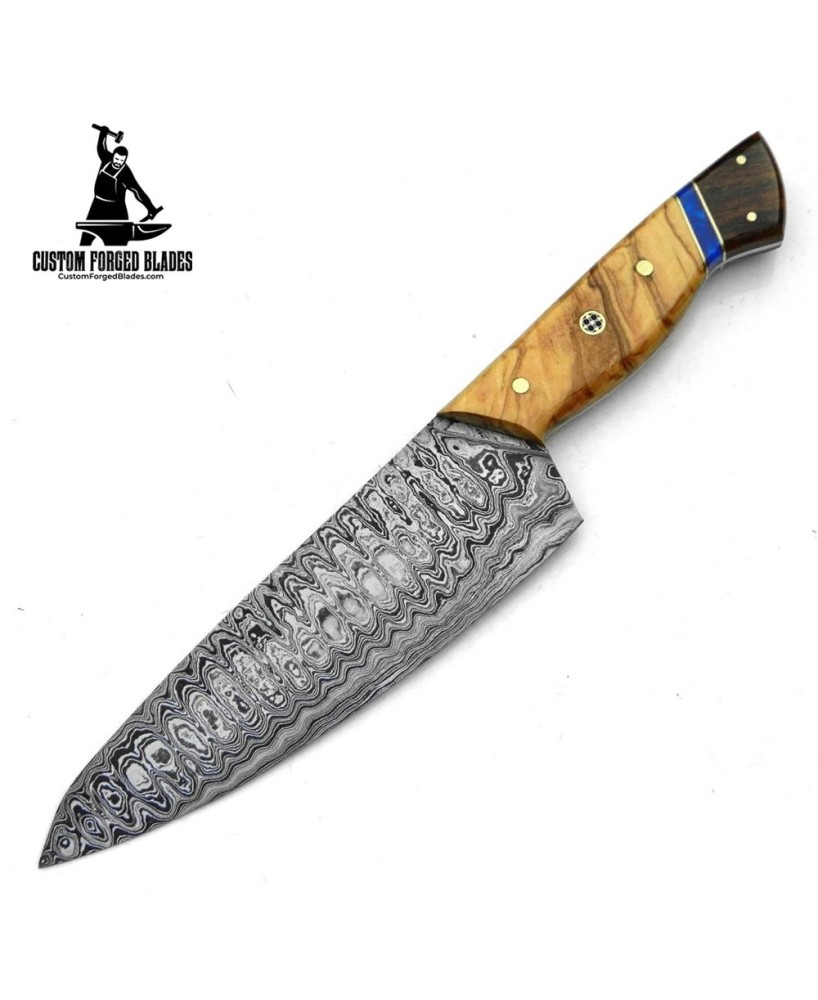 Damascus Steel Kitchen Knife Olive & Rose Wood Handle