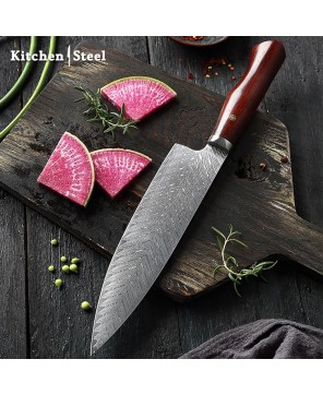 Damascus Steel Kitchen Knife - Red Pakka Wood Handle