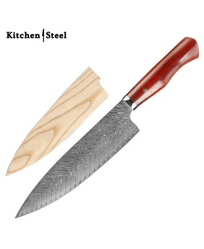 Damascus Steel Kitchen Knife - Red Pakka Wood Handle