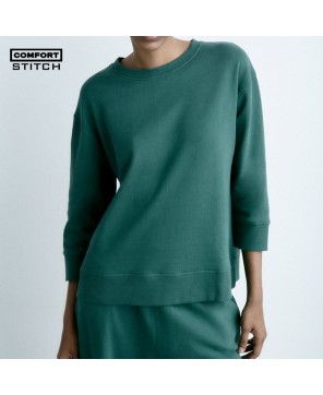 Bottle Green Cotton Sweatshirt - Ribbed Trims