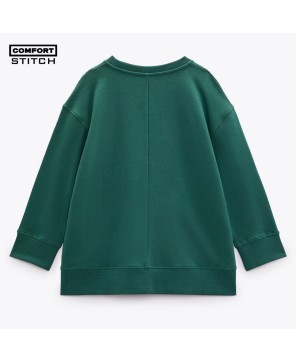 Bottle Green Cotton Sweatshirt - Ribbed Trims