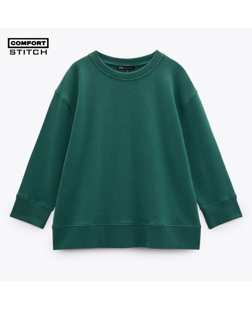 Bottle Green Cotton Sweatshirt - Ribbed Trims