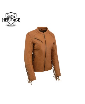 Premium Cowhide Leather Jacket with Fringe and Zipper Details