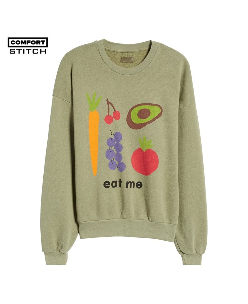 Cotton Graphic Sweatshirt - Olive Crew-Neck