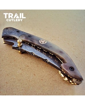 Custom Handmade Damascus Steel Folding Knife - Beautiful Camel Bone Handle By Trail Cutlery