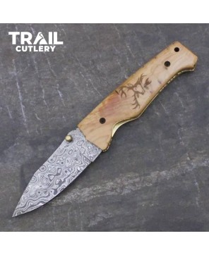 Custom Handmade Deer Damascus Folding Knife"