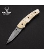 Damascus Steel Folding Knife, Carved Bone Handle