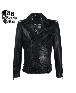 Studded Bomber Style Biker Jacket For Men