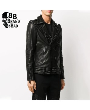 Studded Bomber Style Biker Jacket For Men