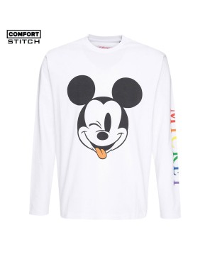 UNISEX DISNEY MULTI-COLOURED MICKEY TEXT RELAXED WHITE L/S T-SHIRT