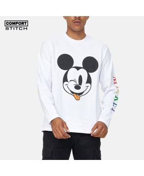 UNISEX DISNEY MULTI-COLOURED MICKEY TEXT RELAXED WHITE L/S T-SHIRT