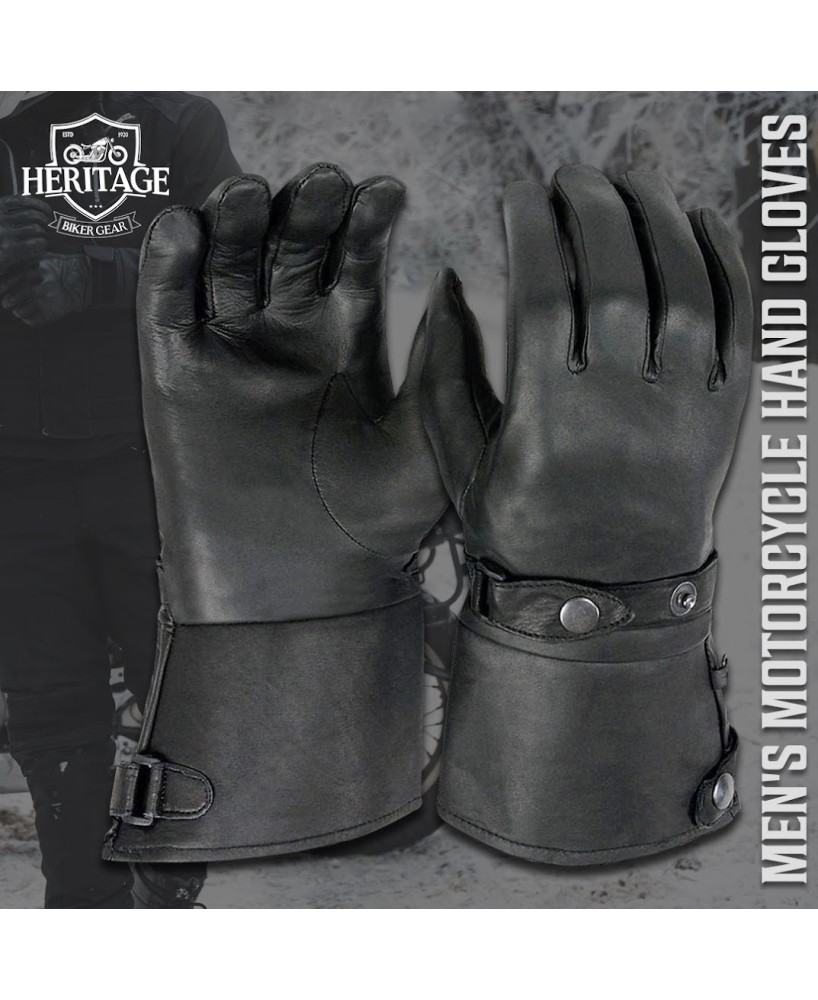 Heritage Black Leather Gauntlet Motorcycle Gloves