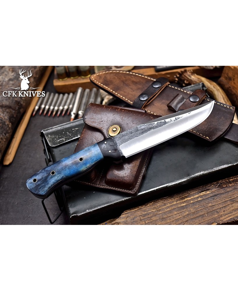 Blue Camel Bone Bushcraft Knife | Premium Carbon Steel