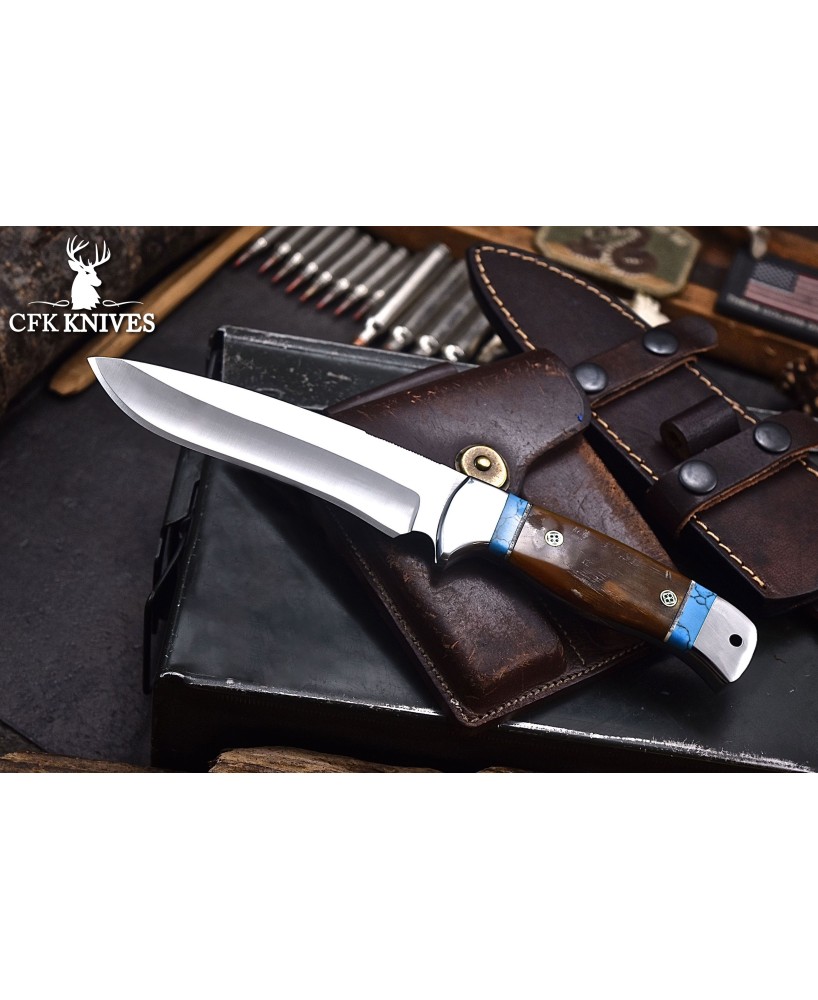 Handmade Sheep Horn Turquoise Stone Bushcraft Knife