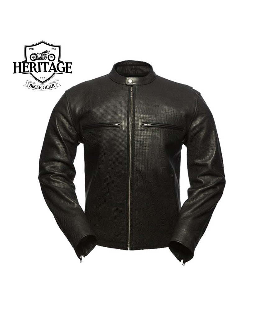 Star Perforated Black Turbine Leather Jacket | Heritage Biker Gear