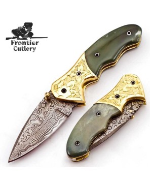 "Custom Damascus Folding Knife - Camel Bone Handle"