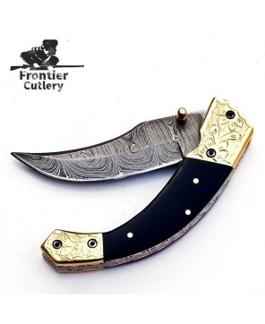 Custom Damascus Steel Folding Knife - Bull Horn Handle