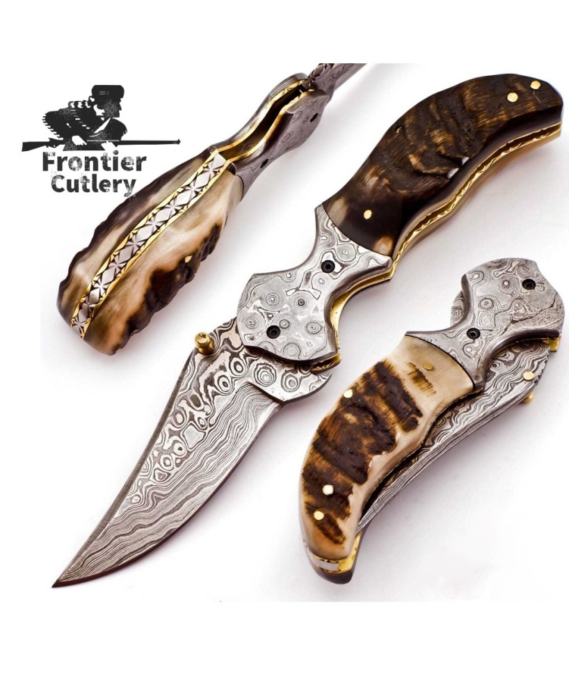 Personalized Engraved Damascus Folding Knife - Ram Horn Handle