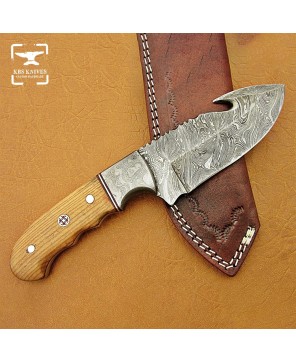 Custom Damascus Steel Hunting Gut Hook Bushcraft Knife