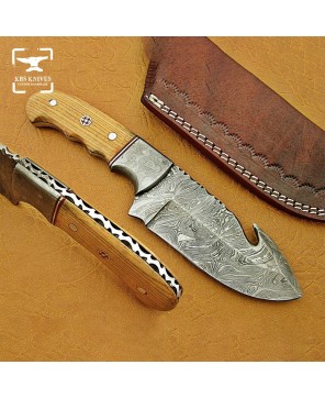 Custom Damascus Steel Hunting Gut Hook Bushcraft Knife