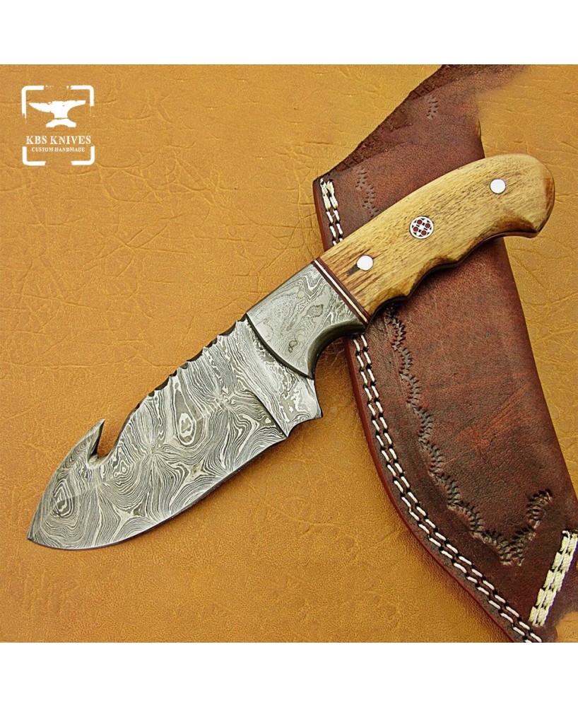 Custom Damascus Steel Hunting Gut Hook Bushcraft Knife