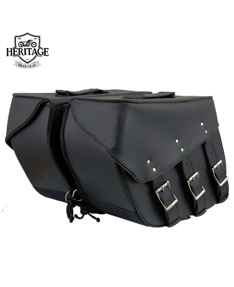 Black Leather 3-Strap Zip-Off Motorcycle Saddlebags