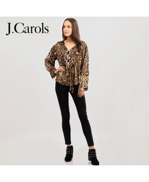 Leopard Print Drawstring Blouse | Stylish V-Neck Shirt Sleeve Top