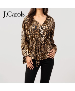 Leopard Print Drawstring Blouse | Stylish V-Neck Shirt Sleeve Top