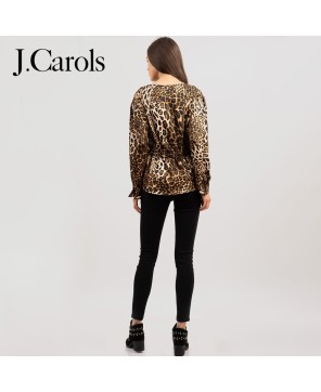 Leopard Print Drawstring Blouse | Stylish V-Neck Shirt Sleeve Top