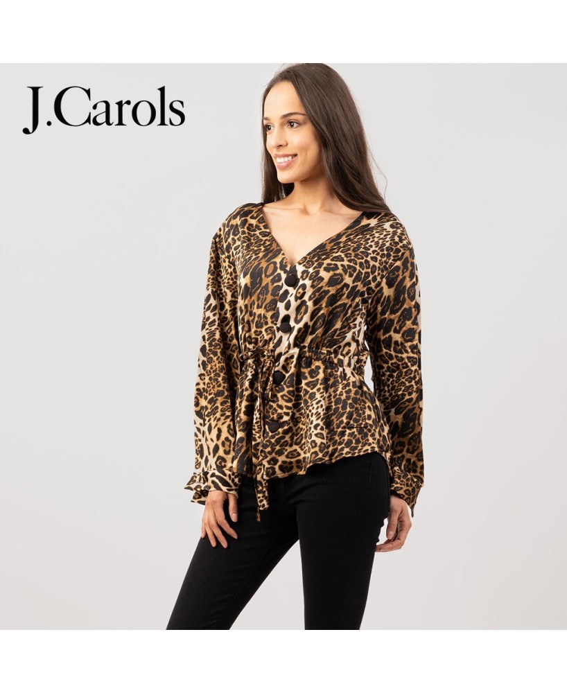 Leopard Print Drawstring Blouse | Stylish V-Neck Shirt Sleeve Top