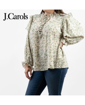 Plus Size Floral Print Ruffle Sleeve Blouse