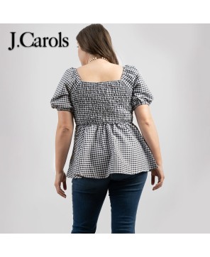 Plus Size Gingham/Check Short Puff Sleeve Top