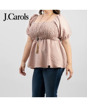 Plus Size Gingham/Check Short Puff Sleeve Top